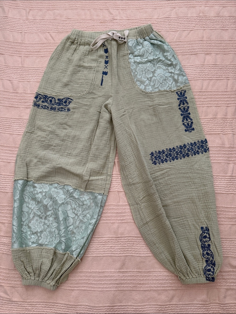 POL Sage Green Patchwork Track Pants with Navy Embroidery